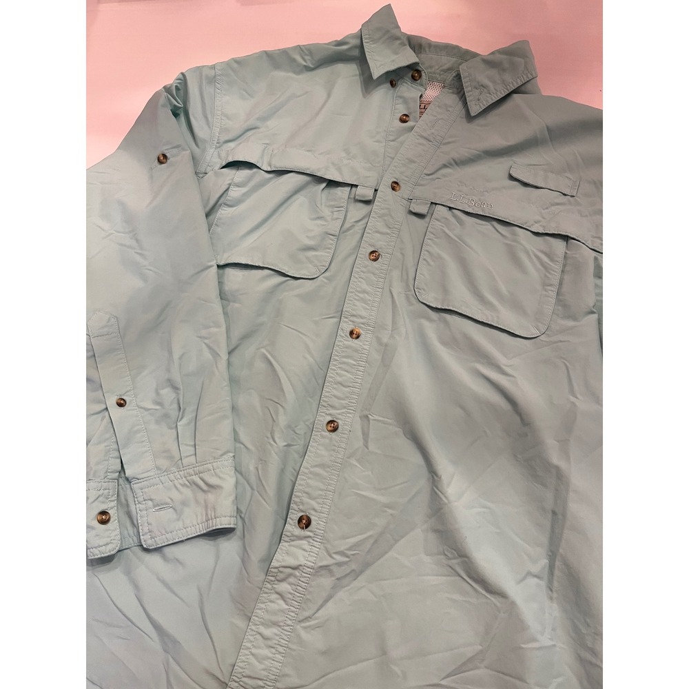 LL Bean Mens Tropical Fishing Shirt Long Sleeve Vented Mesh Back Aqua Blue Large